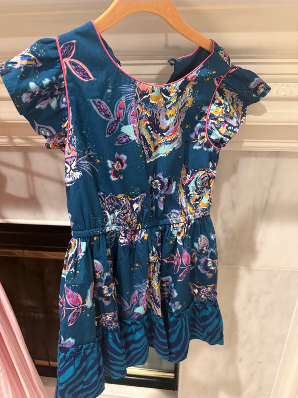 Monsoon Teal Floral & Tiger Print Ruffle Dress